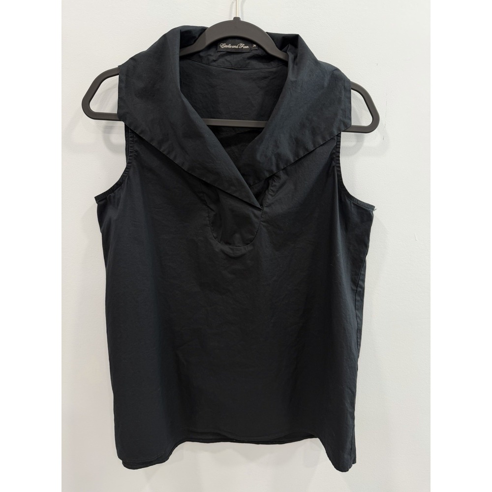 Estelle & Finn Designer Top M Black Sleeveless Collared Blouse Cotton Lycra